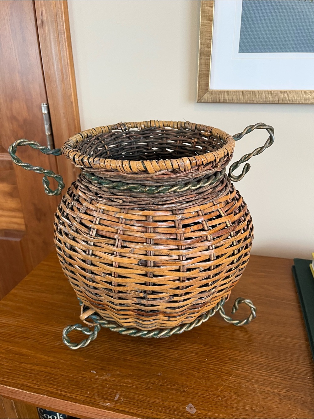Woven Rattan Decorative Basket Vase with Metal Accents - Brown
